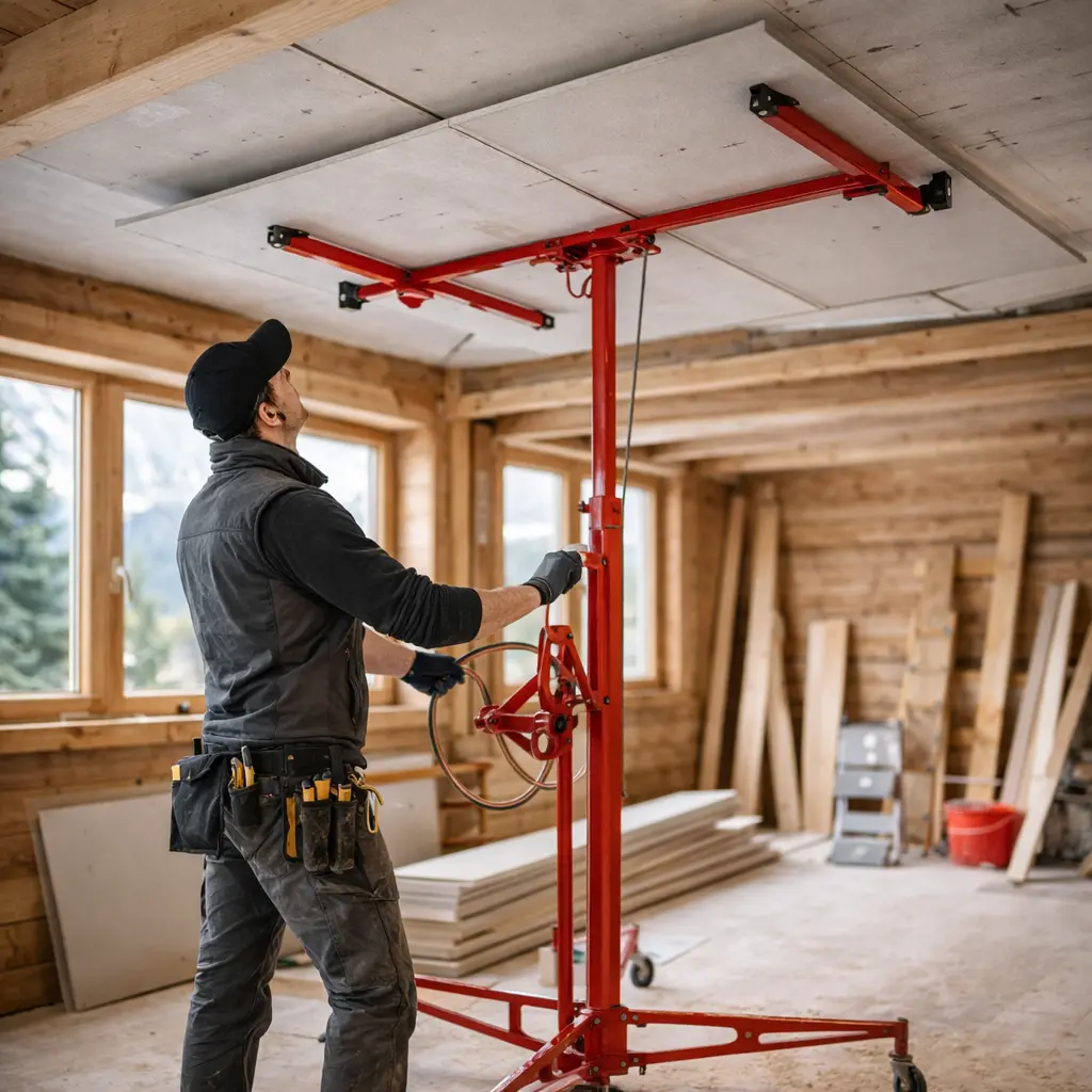 artisan utilisant un leve plaque pour renovation appartement location outillage oisans