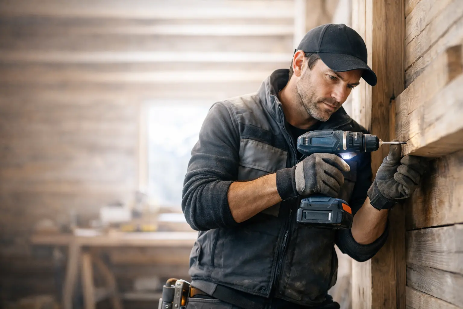 artisan utilisant une perceuse pour des travaux en bois location outillage oisans